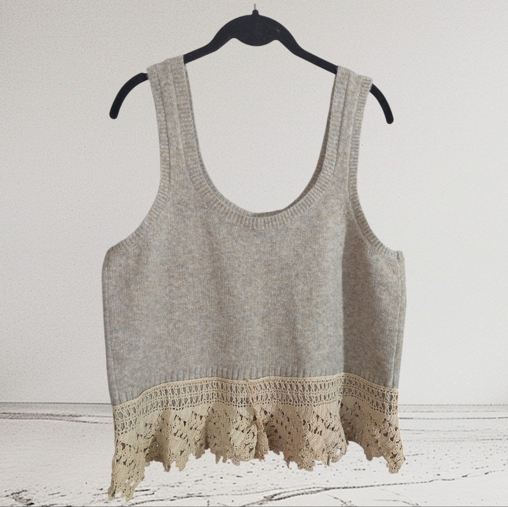 EUC NATURAL LIFE Tan Tank Top with Tan Lace Crochet Trim Size XL - Picture 4 of 5